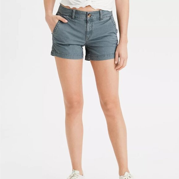 AE American Eagle Super Stretch Khaki MIDI Shortie Shorts Blue/ Gray- Size‎ 0 - Picture 1 of 11